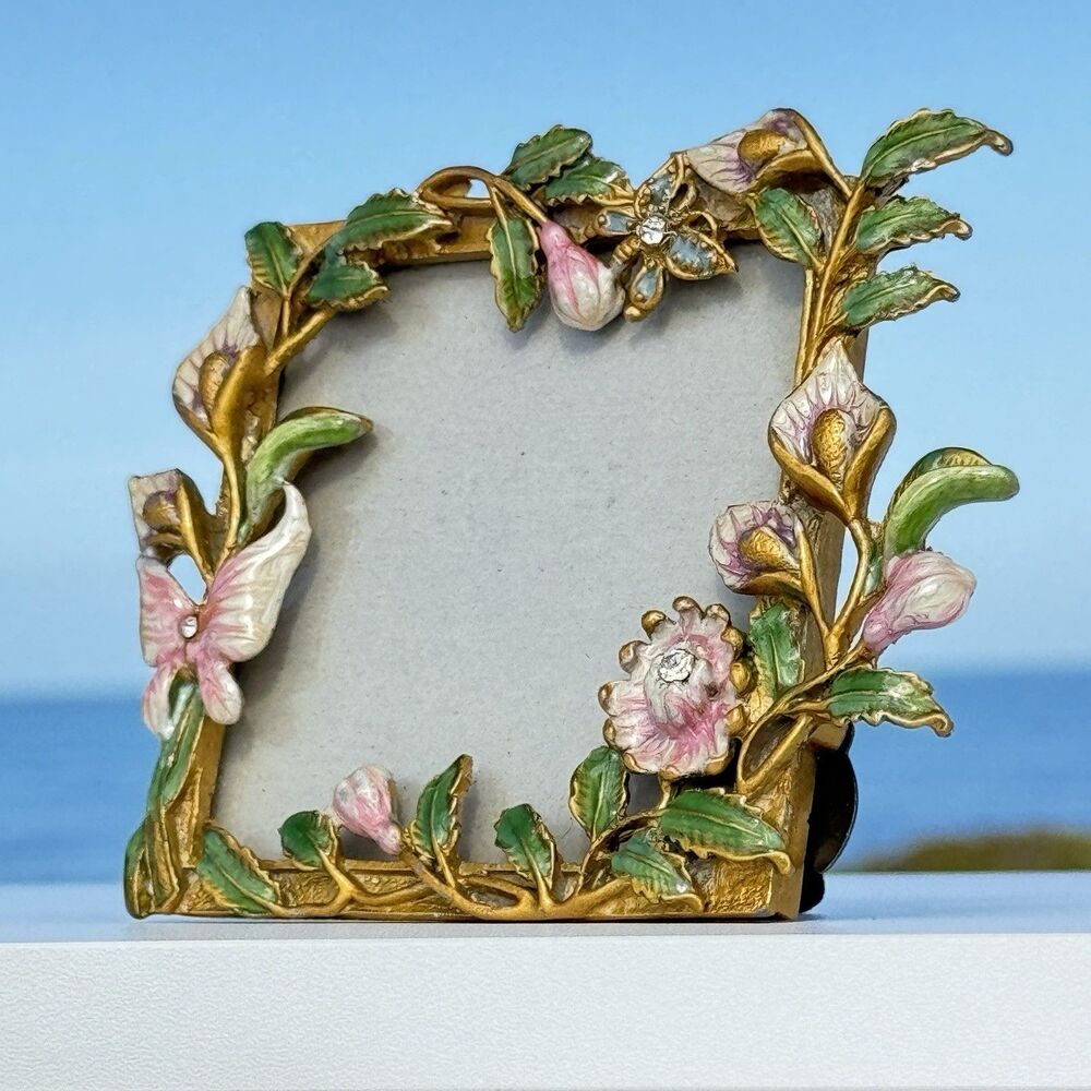 Picture Frame Vintage Jeweled Enamel Floral Butterfly Lily Rhinestone Gold Tone